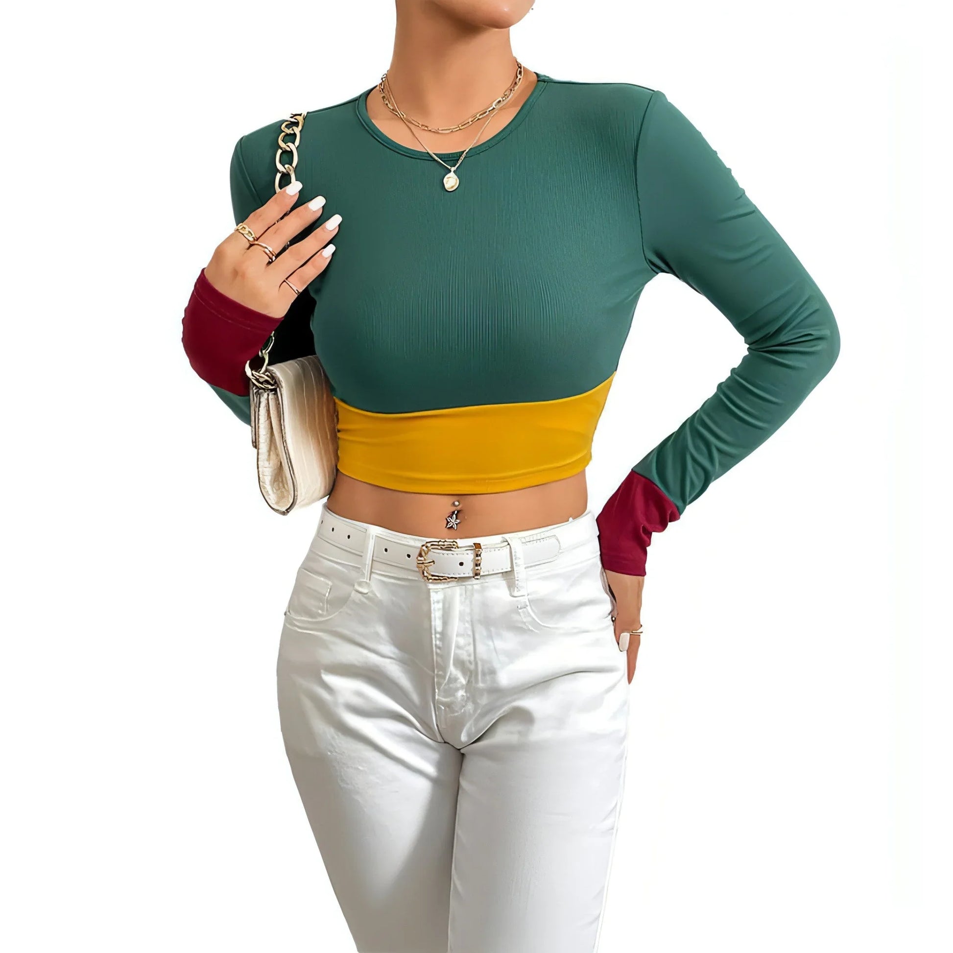 Slim Fit O-neck Short Stitching Long Sleeve T-shirt Women - Which Mark
