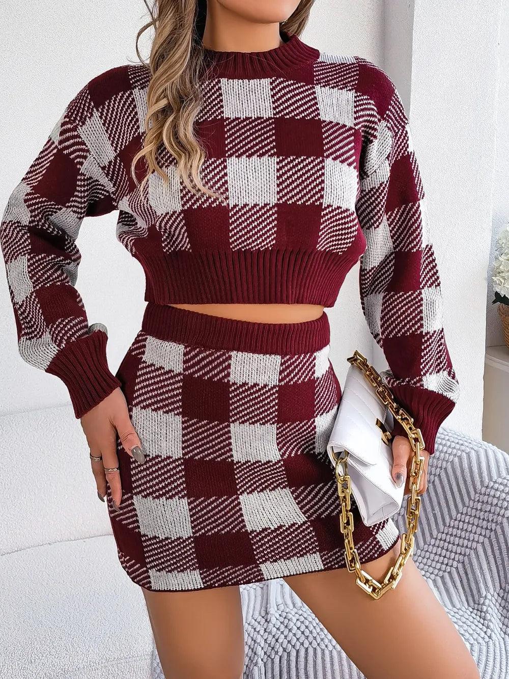 Plaid Round Neck Top and Skirt Sweater Set - Which Mark