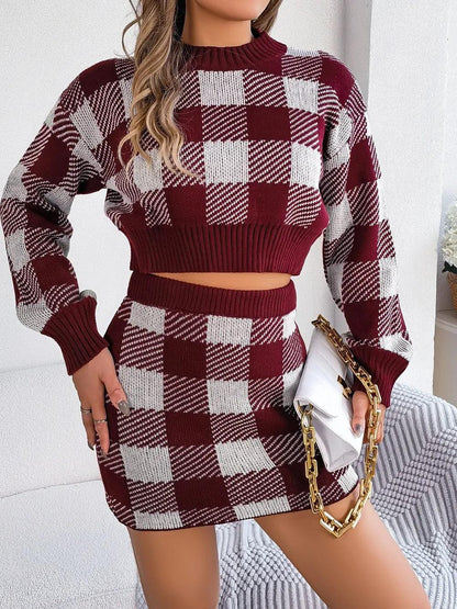 Plaid Round Neck Top and Skirt Sweater Set - Which Mark