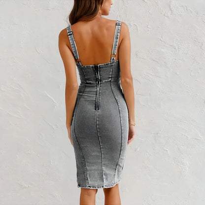 New U-neck Suspender Denim Dress Summer Casual Tight Slim Fit Dresses - Which Mark