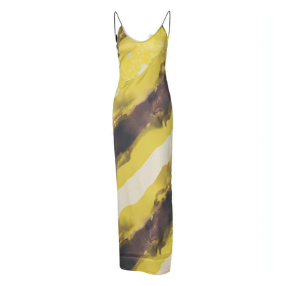 Women's Fashion Printed V-neck Backless Slit Sling Dress - Which Mark