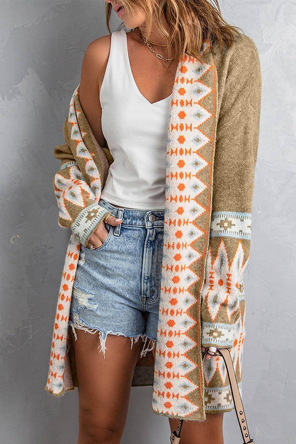 Khaki Aztec Print Open Front Knitted Cardigan - Which Mark