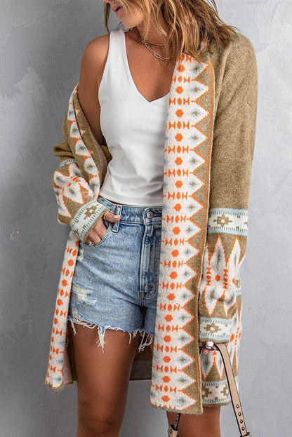 Khaki Aztec Print Open Front Knitted Cardigan - Which Mark