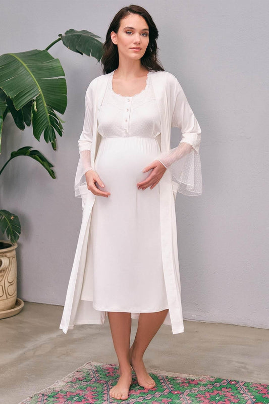 Shopymommy 5649 Flywheel Arm Lace Maternity & Nursing Nightgown With - Which Mark