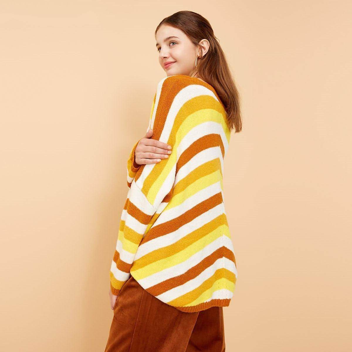 New striped stitching loose V-neck sweater women - Which Mark