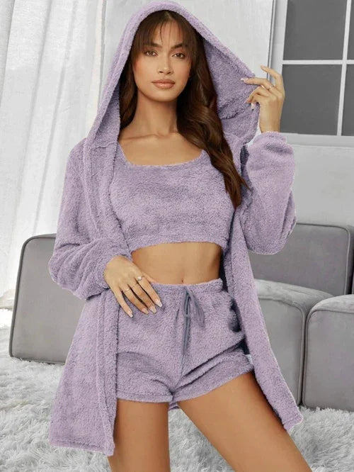 Suits 3pcs Winter Solid Color Double-sided Plush Warm Thickened Hooded - Which Mark