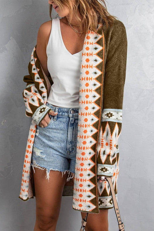 Brown Aztec Print Open Front Knitted Cardigan - Which Mark