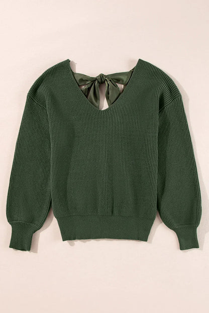 Jungle Green Lantern Sleeve V Neck Knot Back Sweater - Which Mark