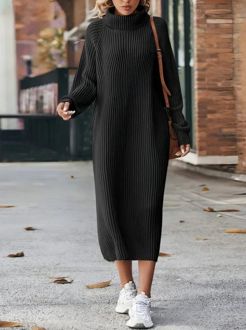 Long Below The Knee Loose High Collar Knitted Dress Sweater - Which Mark