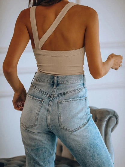 Asymmetrical Back Ribbed Crop Tank Top - Which Mark