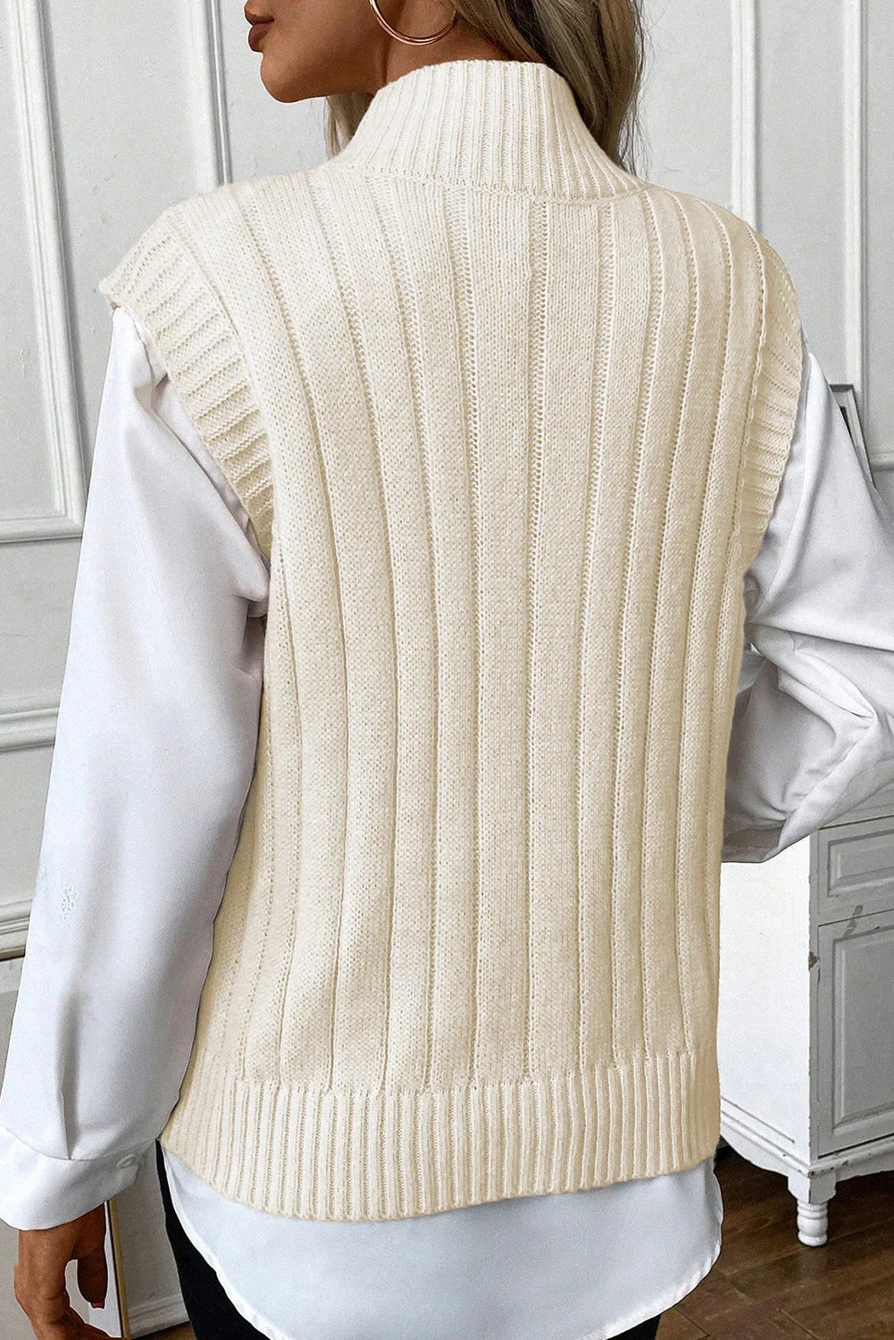Oatmeal Cable Knit High Neck Sweater Vest - Which Mark