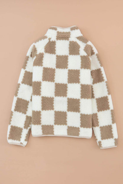 Brown Checked Snap Button Sherpa Jacket - Which Mark