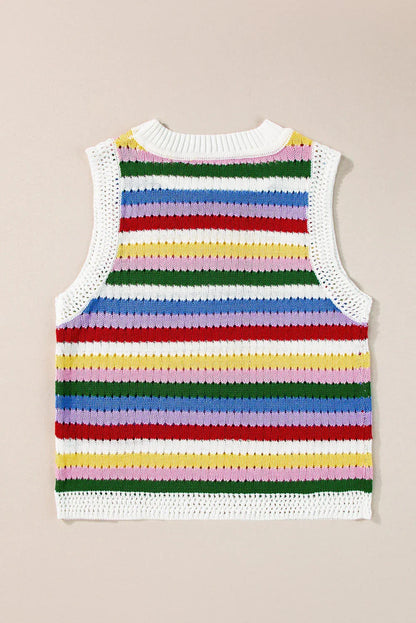 Multicolour Striped Knitted Eyelet Slim Sweater Vest - Which Mark