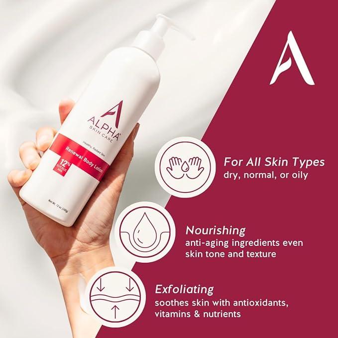 Alpha Skin Care Revitalizing Body Lotion, 12% Glycolic AHA, Daily Moisturizer, Hydrates & Exfoliates, Anti-Aging, 12 Oz - Which Mark