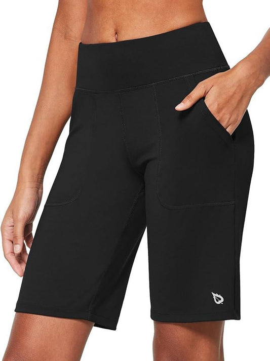 baleaf Women's 10'' Athletic Bermuda Shorts High-Waisted Long Running Yoga Lounge Stretch Workout Pockets - Which Mark