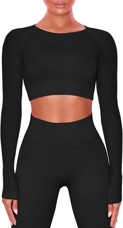 Buttergene Women Workout Sets 2 Pieces Long Sleeve Yoga Outfits Gym Clothes Seamless Ribbed Crop Top High Waist Leggings - Which Mark