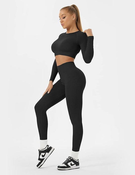 Buttergene Women Workout Sets 2 Pieces Long Sleeve Yoga Outfits Gym Clothes Seamless Ribbed Crop Top High Waist Leggings - Which Mark