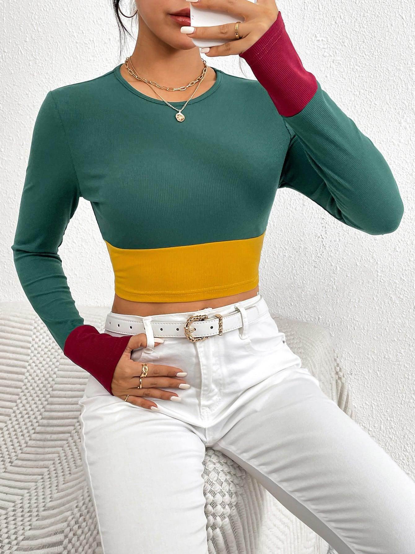Slim Fit O-neck Short Stitching Long Sleeve T-shirt Women - Which Mark