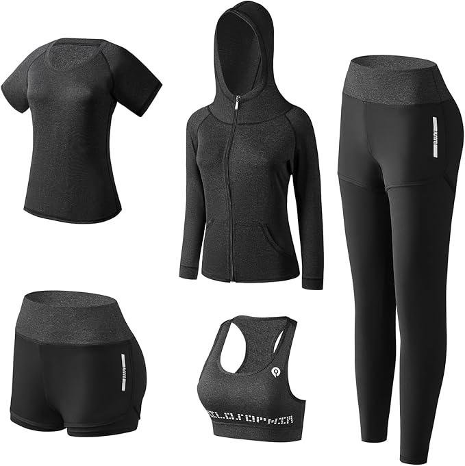 XPINYT 5pcs Workout Outfits for Women Athletic Sets Sport Suits Yoga Gym Fitness Exercise Clothes Jogging Tracksuits - Which Mark
