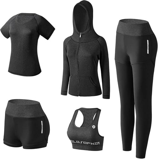 XPINYT 5pcs Workout Outfits for Women Athletic Sets Sport Suits Yoga Gym Fitness Exercise Clothes Jogging Tracksuits - Which Mark