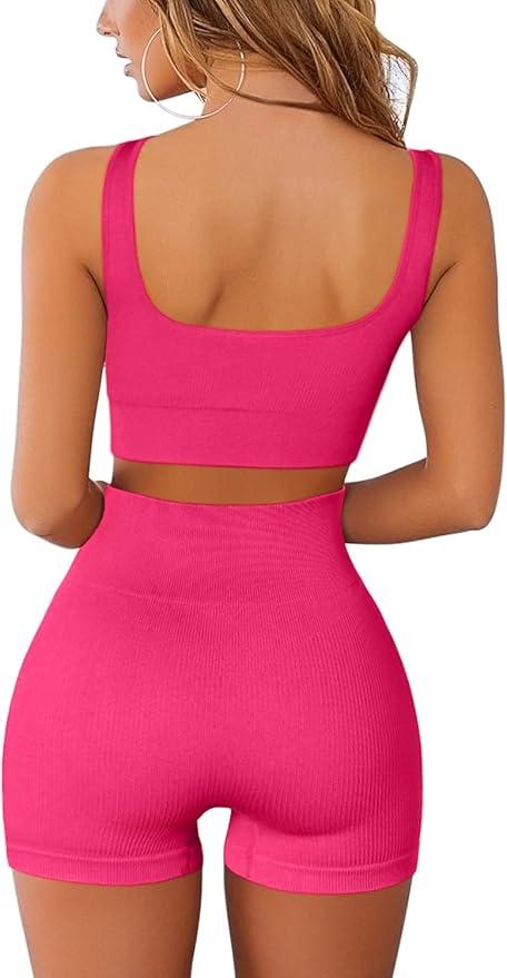 QINSEN Workout Sets for Women 2 Piece Seamless Ribbed Crop Tank High Waist Shorts Yoga Outfits - Which Mark