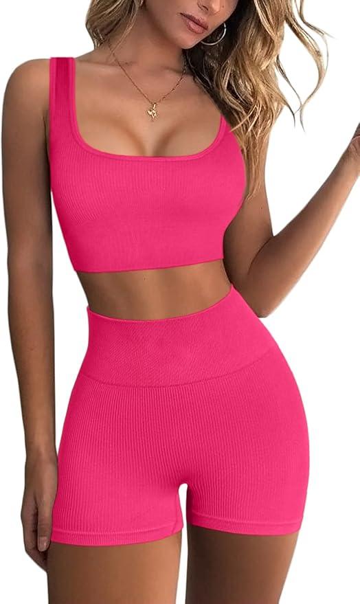 QINSEN Workout Sets for Women 2 Piece Seamless Ribbed Crop Tank High Waist Shorts Yoga Outfits - Which Mark