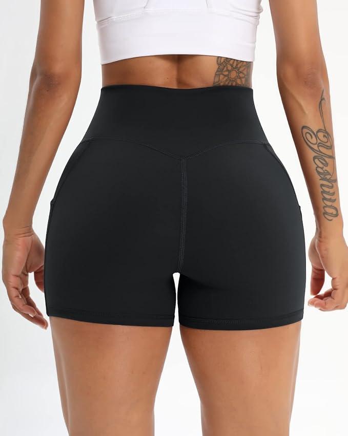 Iserkafe Workout Shorts for Women 2 Pcs Pack Cross Waist Active Gym Spandex Stretchy Yoga Compression with Side Pockets - Which Mark