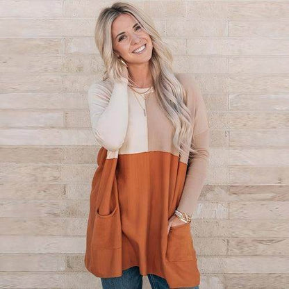 Women's Orange Pocket Color Matching Long-sleeved Top T-shirt - Which Mark