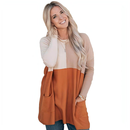 Women's Orange Pocket Color Matching Long-sleeved Top T-shirt - Which Mark