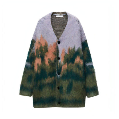 Women Sweater Long Sleeve V-neck Landscape Pattern Knitted - Which Mark