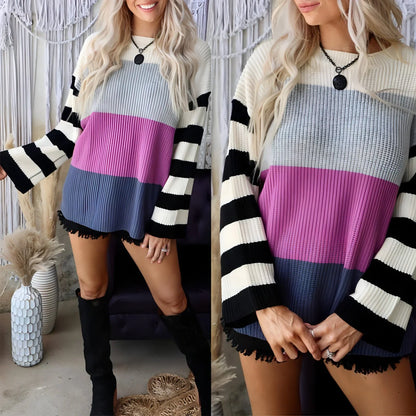 Striped Round Neck Long Sleeve Hit Color Casual Loose Sweater - Which Mark