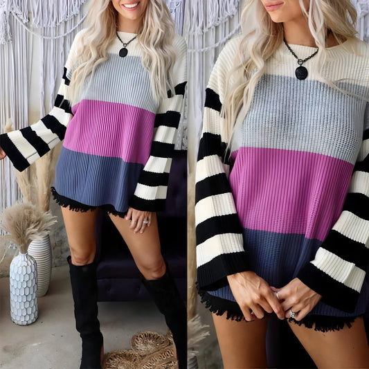 Striped Round Neck Long Sleeve Hit Color Casual Loose Sweater - Which Mark