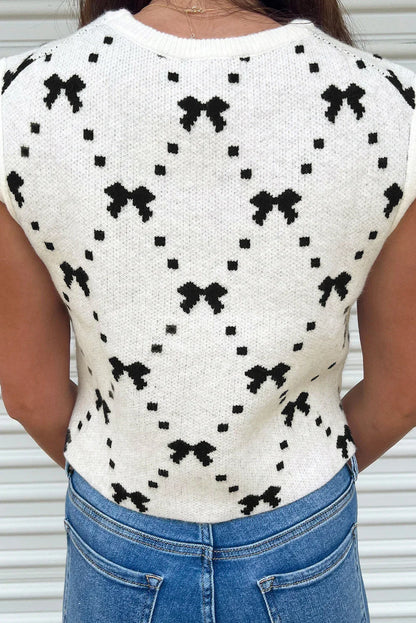 White Bow Pattern Buttoned Side Cropped Sweater Vest - Which Mark