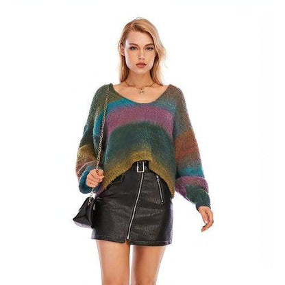 Rainbow Striped V-neck Sweater Loose-fitting Women - Which Mark