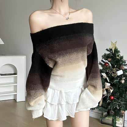 Gradient Off-neck Long-sleeved Woolen Top Women Sweater - Which Mark