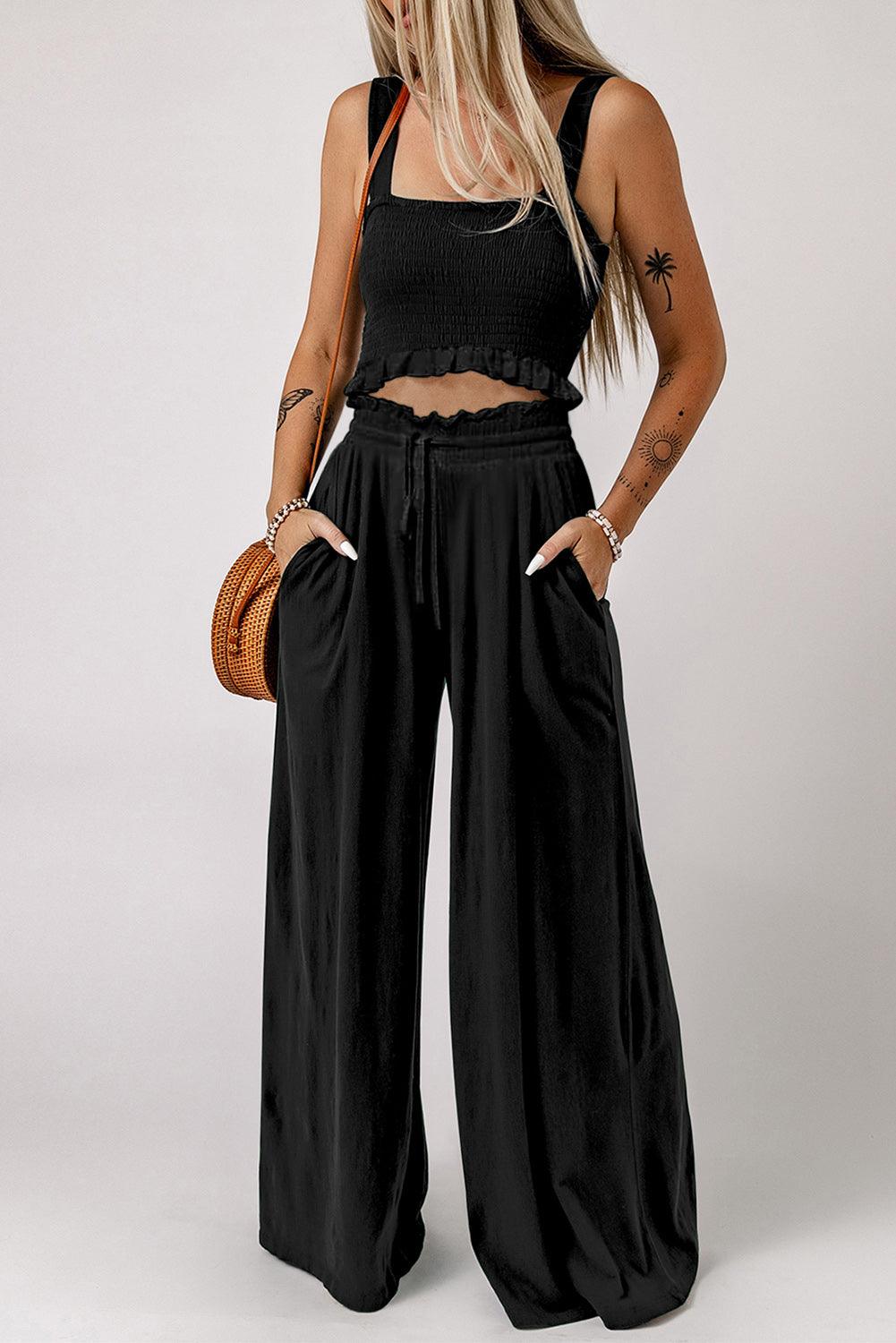 Square Neck Cropped Tank Top and Long Pants Set - Which Mark