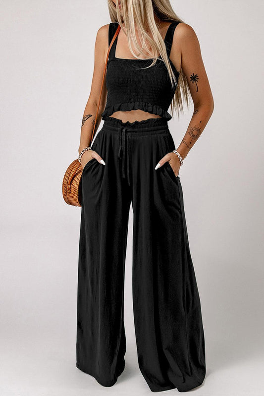 Square Neck Cropped Tank Top and Long Pants Set - Which Mark