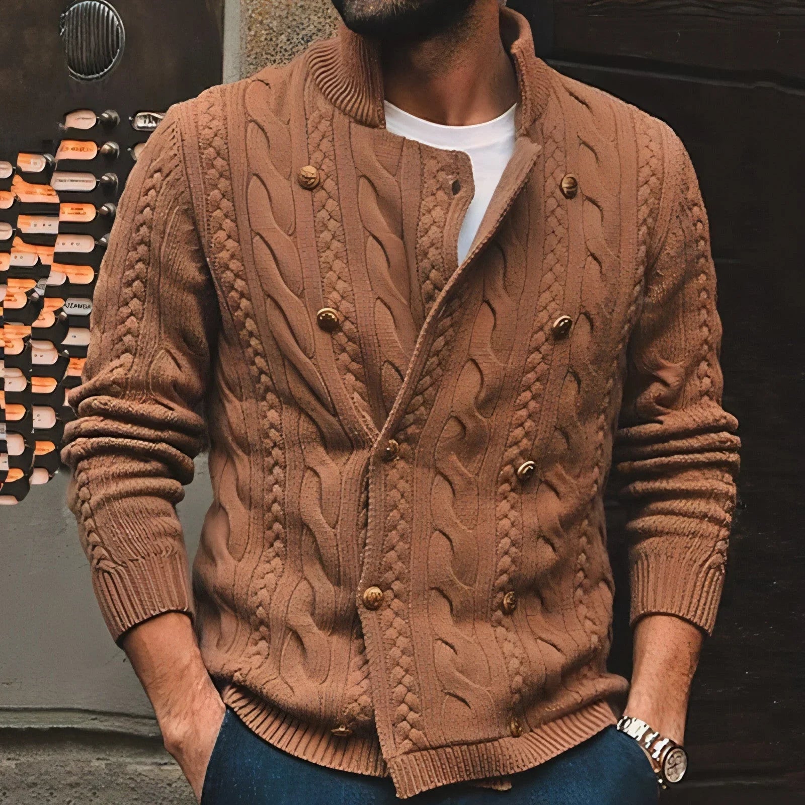 Long Sleeve Double Breasted Cardigan Sweater Coat Men - Which Mark