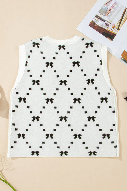 White Bow Pattern Buttoned Side Cropped Sweater Vest - Which Mark
