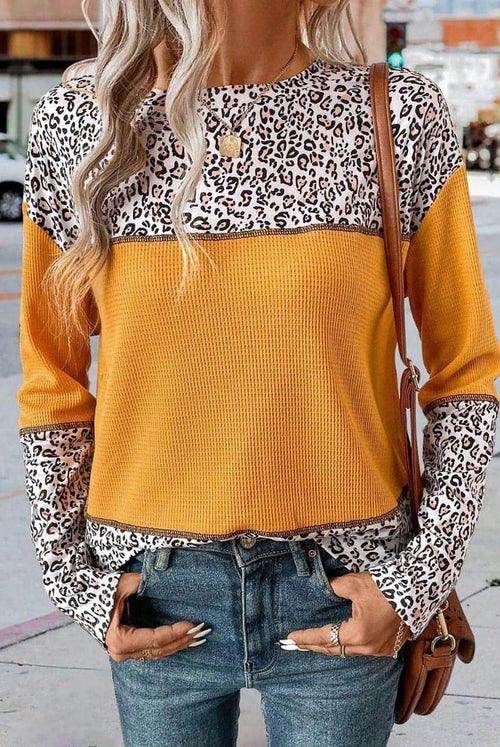 Women Round Neck Leopard Splicing Waffle Sweater - Which Mark