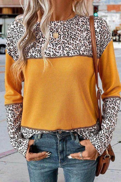 Women Round Neck Leopard Splicing Waffle Sweater - Which Mark