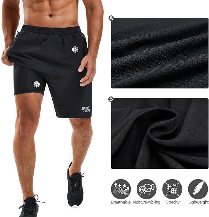 Souke Sports Men's 2 in 1 Workout Running Shorts 7" Quick Dry Gym Athletic Shorts Liner Zipper Pockets - Which Mark