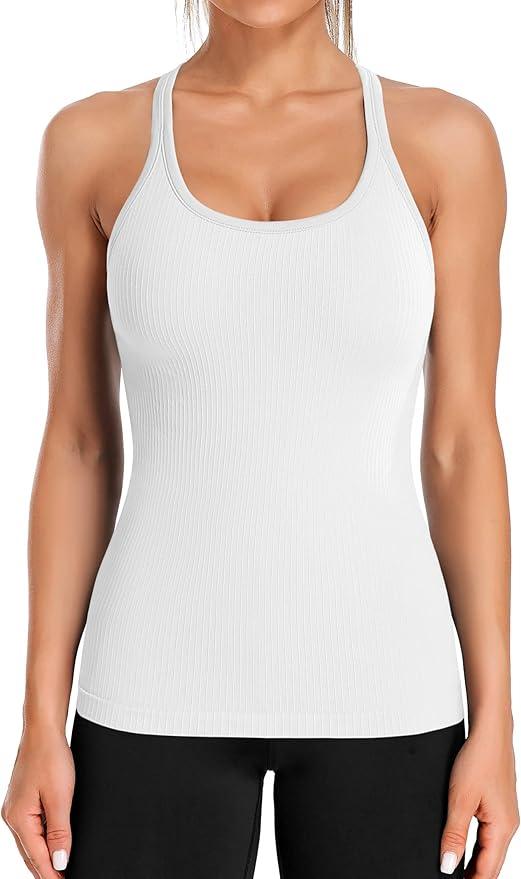 ATTRACO Ribbed Workout Tank Tops for Women with Built in Bra Tight Racerback Scoop Neck Athletic Top - Which Mark