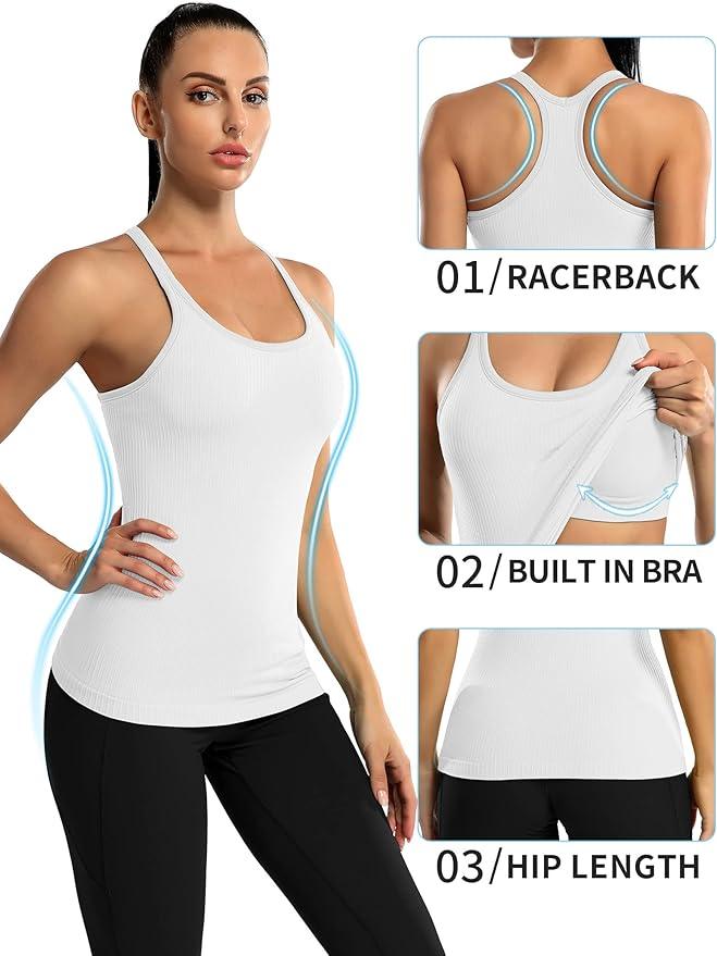 ATTRACO Ribbed Workout Tank Tops for Women with Built in Bra Tight Racerback Scoop Neck Athletic Top - Which Mark