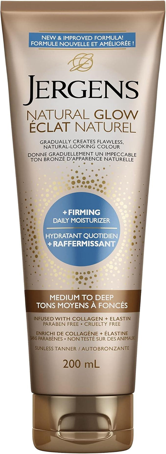 Jergens Natural Glow +Firming Daily Moisturizer & Gradual Sunless Self Tanning Body Lotion for Dry Skin, Medium to Deep Shade (200 mL) - Which Mark