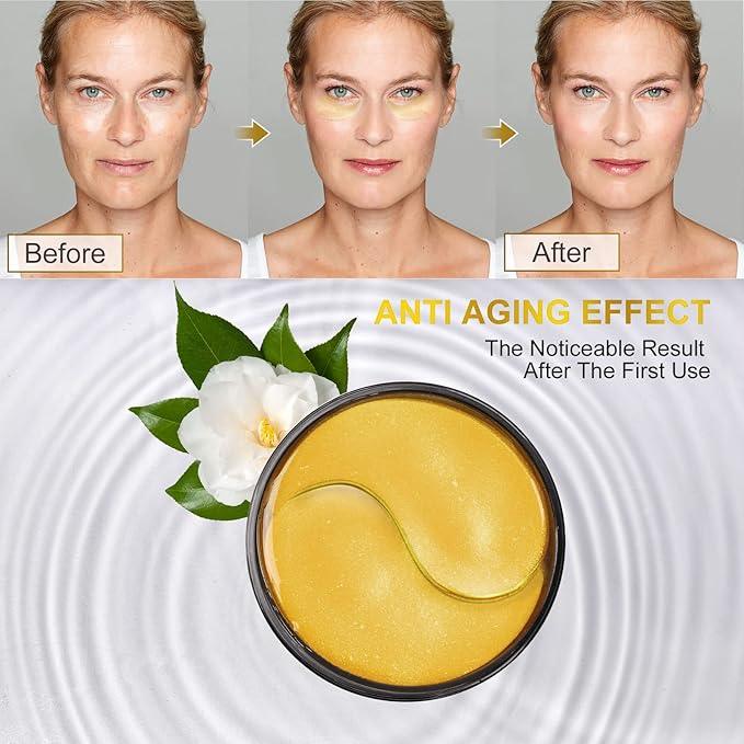24k Gold Under Eye Patches - 60 Pcs Eye Mask Pure Gold Anti-Aging Collagen Hyaluronic Acid Under Eye Mask for Removing Dark Circles, Puffiness & Wrinkles Refresh Your Skin - Which Mark