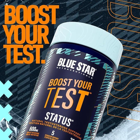 Blue Star Nutraceuticals STATUS - Testosterone Booster for Men - w/KSM 66 Ashwagandha - Invigorate Stamina, Muscle Growth & Energy | Natural Test Booster Support - 90 Veggie Capsules - Which Mark