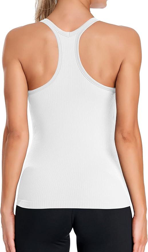 ATTRACO Ribbed Workout Tank Tops for Women with Built in Bra Tight Racerback Scoop Neck Athletic Top - Which Mark