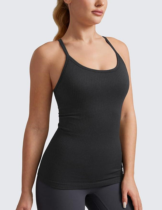 CRZ YOGA Seamless Workout Tank Tops for Women Racerback Athletic Camisole Sports Shirts with Built in Bra - Which Mark