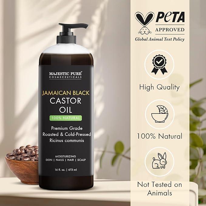 Majestic Pure Jamaican Black Castor Oil for Natural Skin Care - Roasted & Cold-Pressed - Massage, Scalp, Hair and Nails - 473 ml - Which Mark